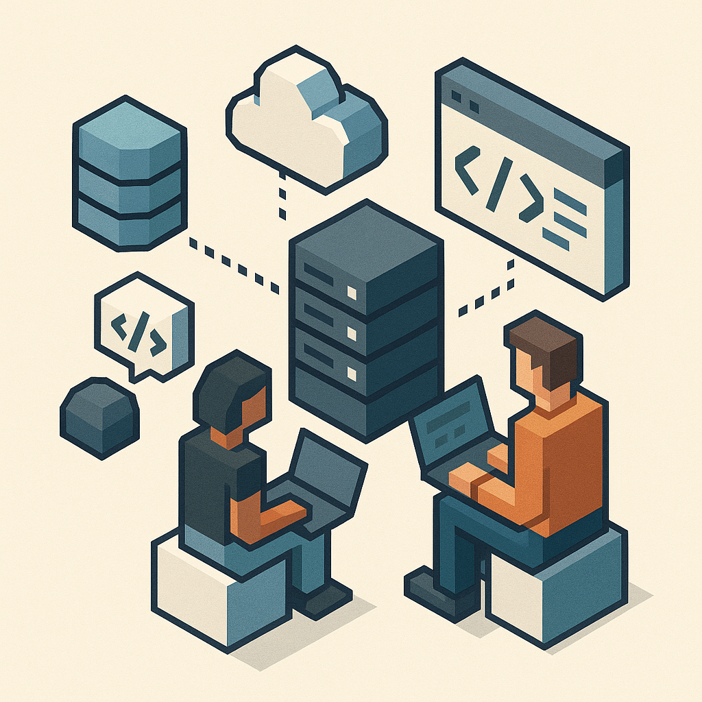 Two developers building infrastructure with servers and monitoring